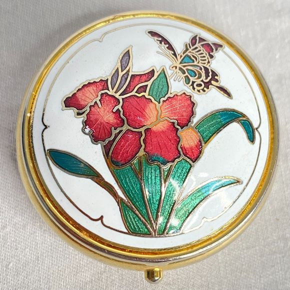 Butterfly Floral Cloisonne Metal Trinket Pill Box - Picture 2 of 9